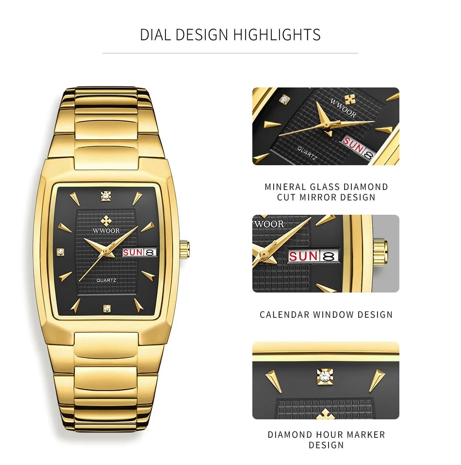 WWOOR 2024 New Square Watch Men with Automatic Week Date Luxury Stainless Steel Gold Mens Quartz Wrist Watches Relogio Masculino - NEXTRENDBAHRAIN