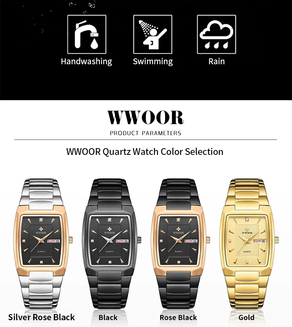 WWOOR 2024 New Square Watch Men with Automatic Week Date Luxury Stainless Steel Gold Mens Quartz Wrist Watches Relogio Masculino - NEXTRENDBAHRAIN