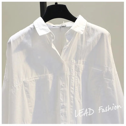 Casual Button Cotton White Women's Shirt Spring Long Sleeve Solid Loose Blouses Office Lady Elegant Tops - NEXTRENDBAHRAIN