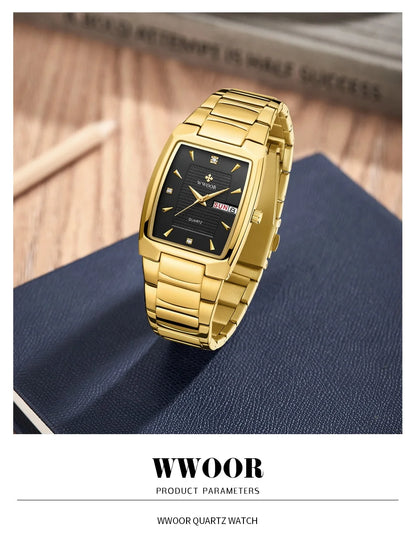 WWOOR 2024 New Square Watch Men with Automatic Week Date Luxury Stainless Steel Gold Mens Quartz Wrist Watches Relogio Masculino - NEXTRENDBAHRAIN