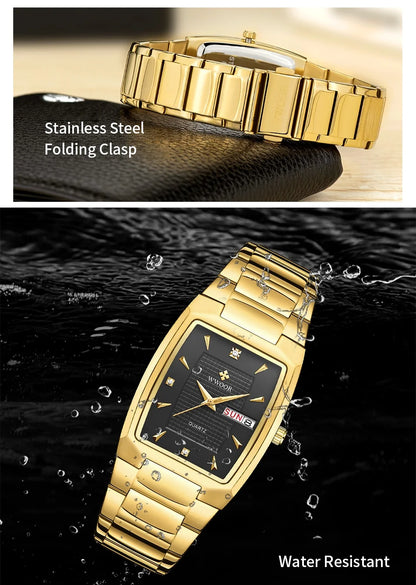 WWOOR 2024 New Square Watch Men with Automatic Week Date Luxury Stainless Steel Gold Mens Quartz Wrist Watches Relogio Masculino - NEXTRENDBAHRAIN