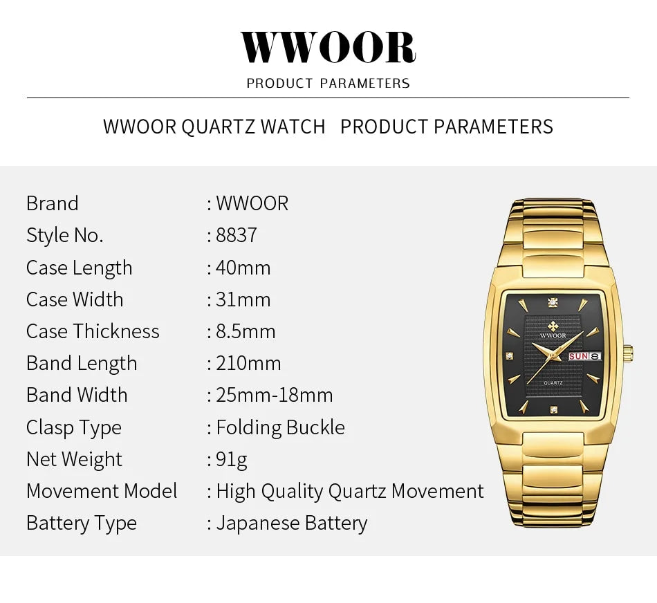 WWOOR 2024 New Square Watch Men with Automatic Week Date Luxury Stainless Steel Gold Mens Quartz Wrist Watches Relogio Masculino - NEXTRENDBAHRAIN