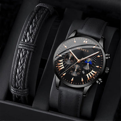 2PCS Set Fashion Mens Sports Watches Man Business Leather Bracelet Quartz Watch Luxury Men Casual Calendar Clock Reloj Hombre - NEXTRENDBAHRAIN