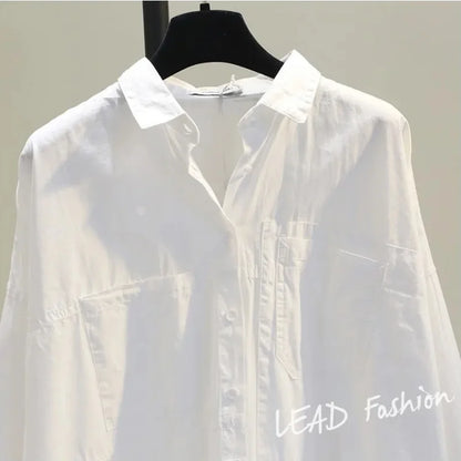 Casual Button Cotton White Women's Shirt Spring Long Sleeve Solid Loose Blouses Office Lady Elegant Tops - NEXTRENDBAHRAIN