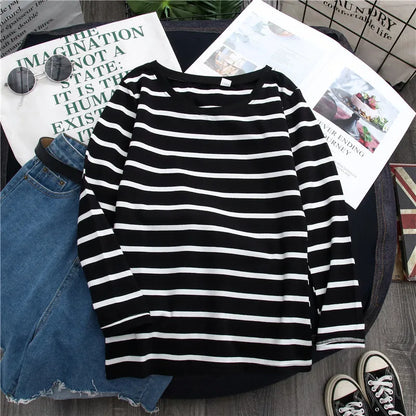 1PC Spring and Autumn Winter Black Striped Top with Foreign Style Ins Bottom Shirt Women Long Sleeve T-shirt - NEXTRENDBAHRAIN