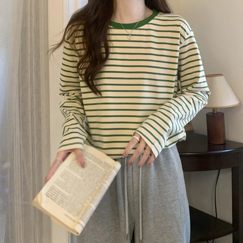 Womens Long Sleeve T Shirts Spring Autumn Casual Loose Crewneck Color Block Stripe Tee Tops - NEXTRENDBAHRAIN