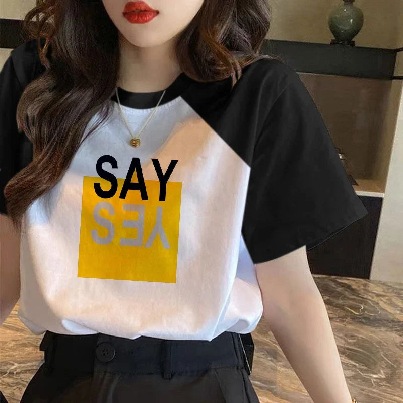 100% Cotton Color Block Short Sleeve T-shirt Women Spring/summer Loose Fit Versatile Top Trendy Women Clothing - NEXTRENDBAHRAIN