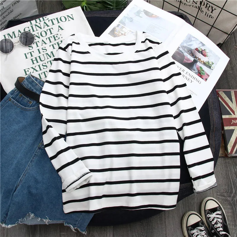 1PC Spring and Autumn Winter Black Striped Top with Foreign Style Ins Bottom Shirt Women Long Sleeve T-shirt - NEXTRENDBAHRAIN