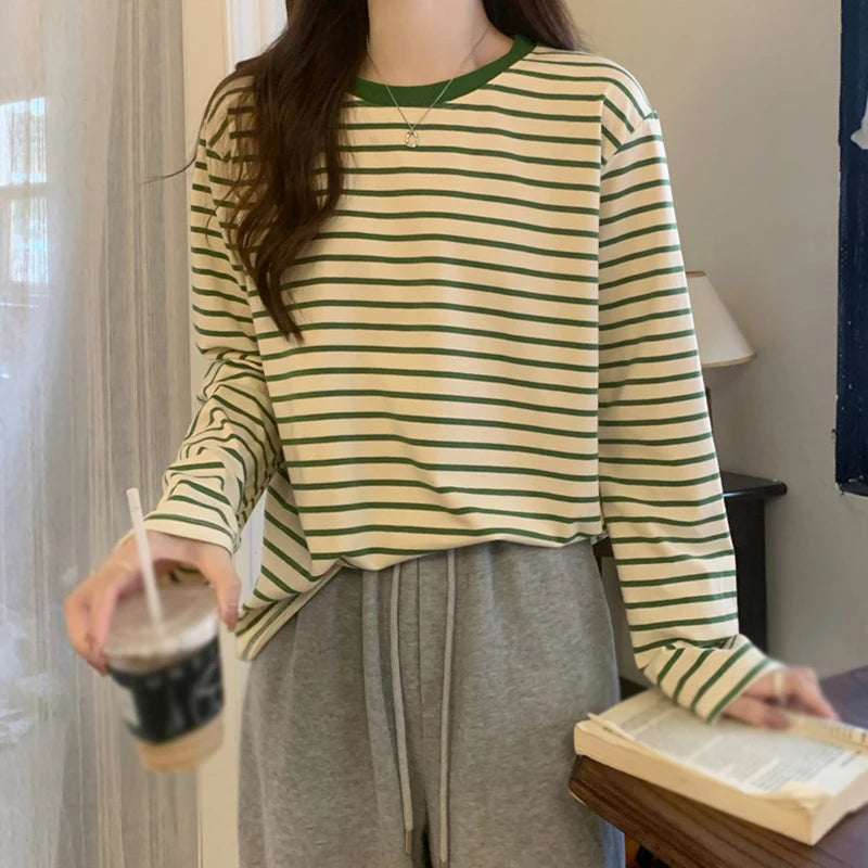 Womens Long Sleeve T Shirts Spring Autumn Casual Loose Crewneck Color Block Stripe Tee Tops - NEXTRENDBAHRAIN