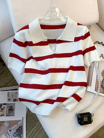 2024 New Striped Pattern Collared Sweater Versatile Short Sleeve Knitted Top For Spring & Summer Women's Clothing Crop Top - NEXTRENDBAHRAIN