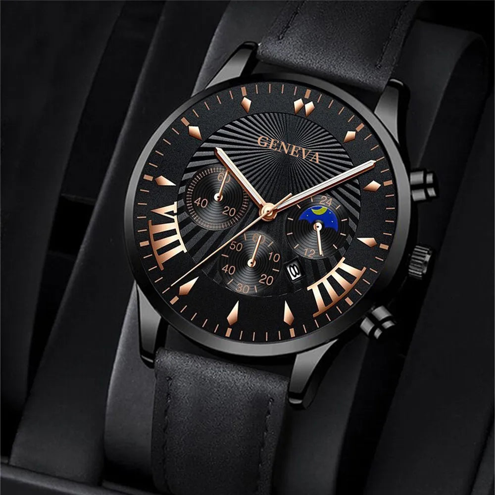 2PCS Set Fashion Mens Sports Watches Man Business Leather Bracelet Quartz Watch Luxury Men Casual Calendar Clock Reloj Hombre - NEXTRENDBAHRAIN