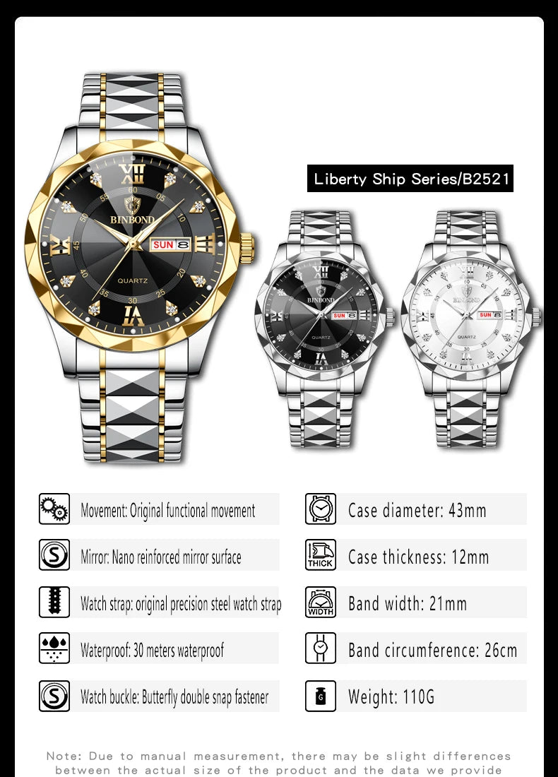 BINBOND Top Brand Luxury Fashion Quartz Watch Men Waterproof Week Date Clock Stainless Steel Sport Watch Men Quartz Wristwatch - NEXTRENDBAHRAIN