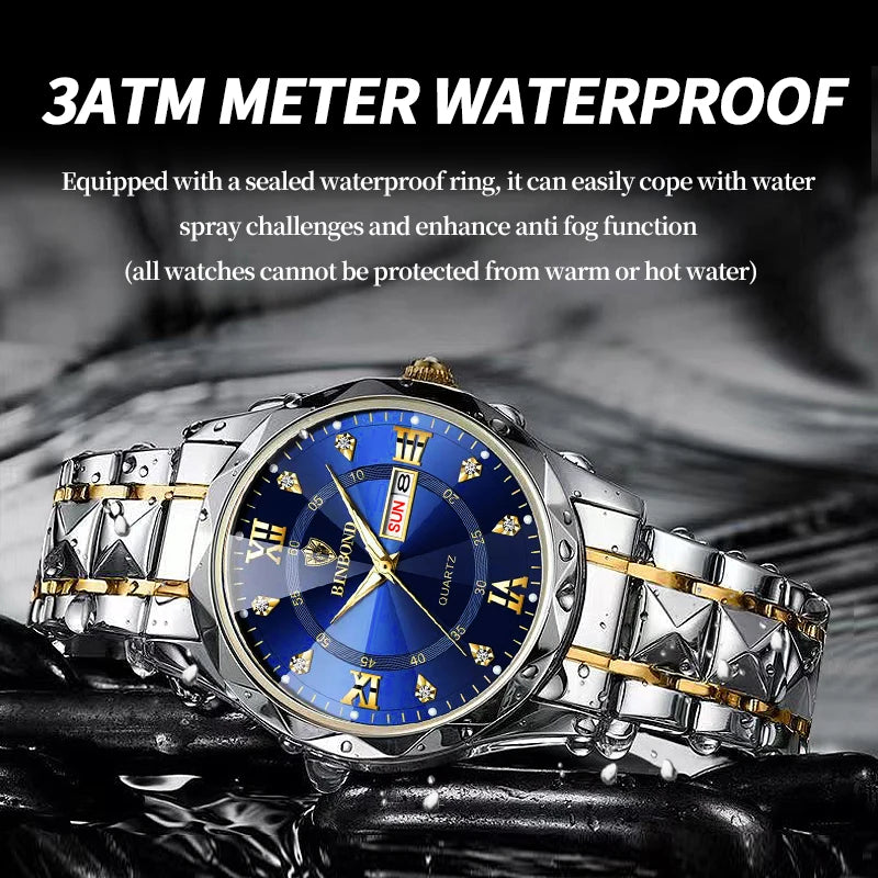 BINBOND Top Brand Luxury Fashion Quartz Watch Men Waterproof Week Date Clock Stainless Steel Sport Watch Men Quartz Wristwatch - NEXTRENDBAHRAIN