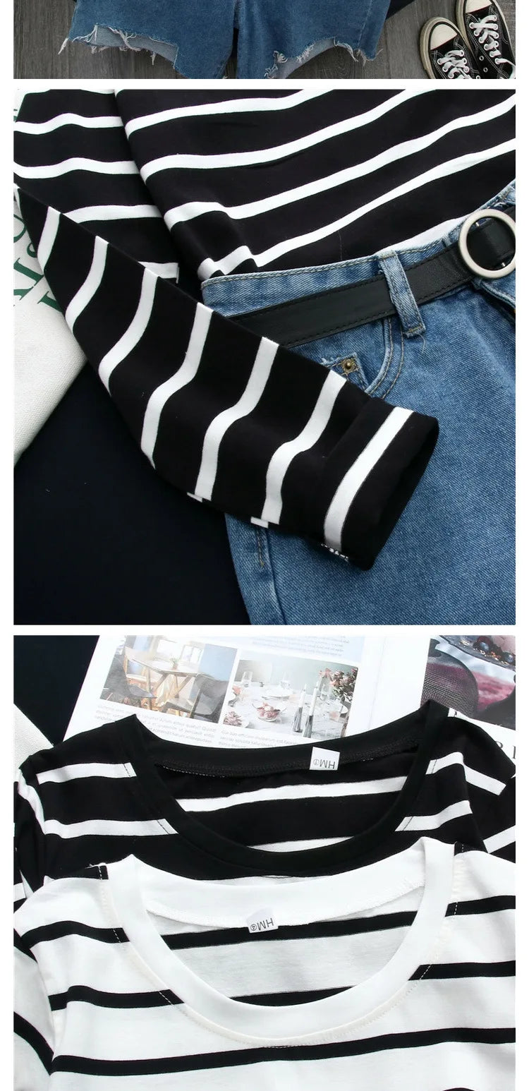 1PC Spring and Autumn Winter Black Striped Top with Foreign Style Ins Bottom Shirt Women Long Sleeve T-shirt - NEXTRENDBAHRAIN