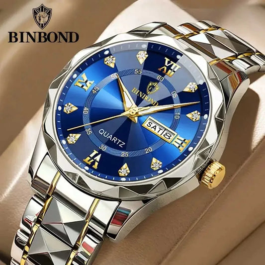 BINBOND Top Brand Luxury Fashion Quartz Watch Men Waterproof Week Date Clock Stainless Steel Sport Watch Men Quartz Wristwatch - NEXTRENDBAHRAIN