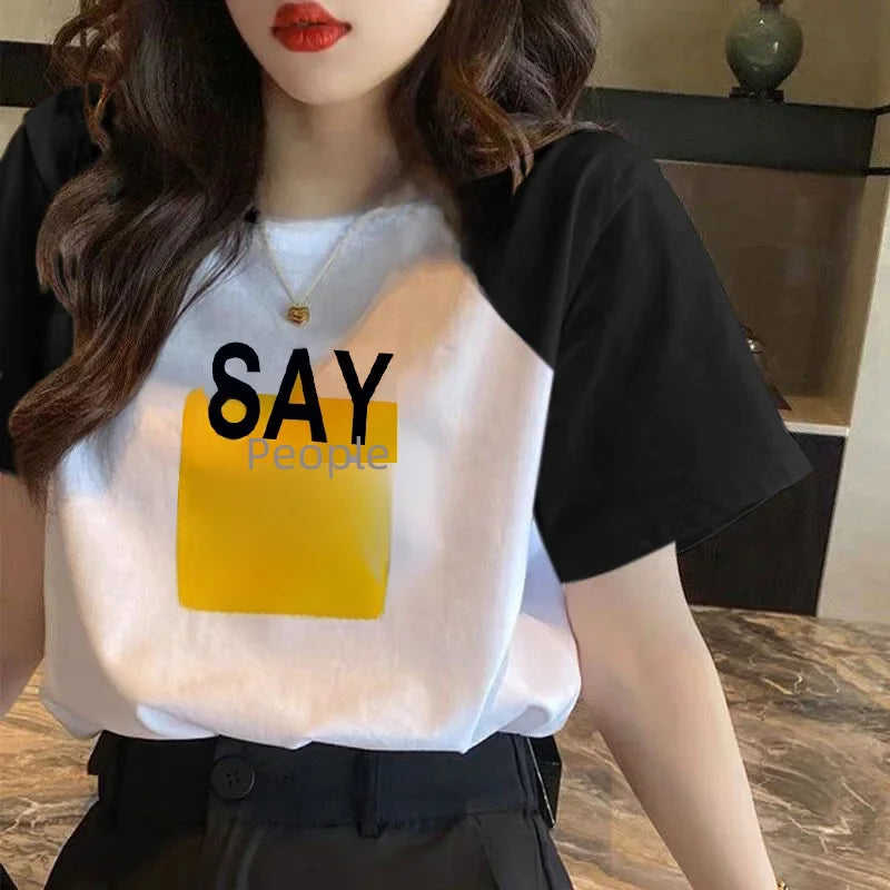 100% Cotton Color Block Short Sleeve T-shirt Women Spring/summer Loose Fit Versatile Top Trendy Women Clothing - NEXTRENDBAHRAIN