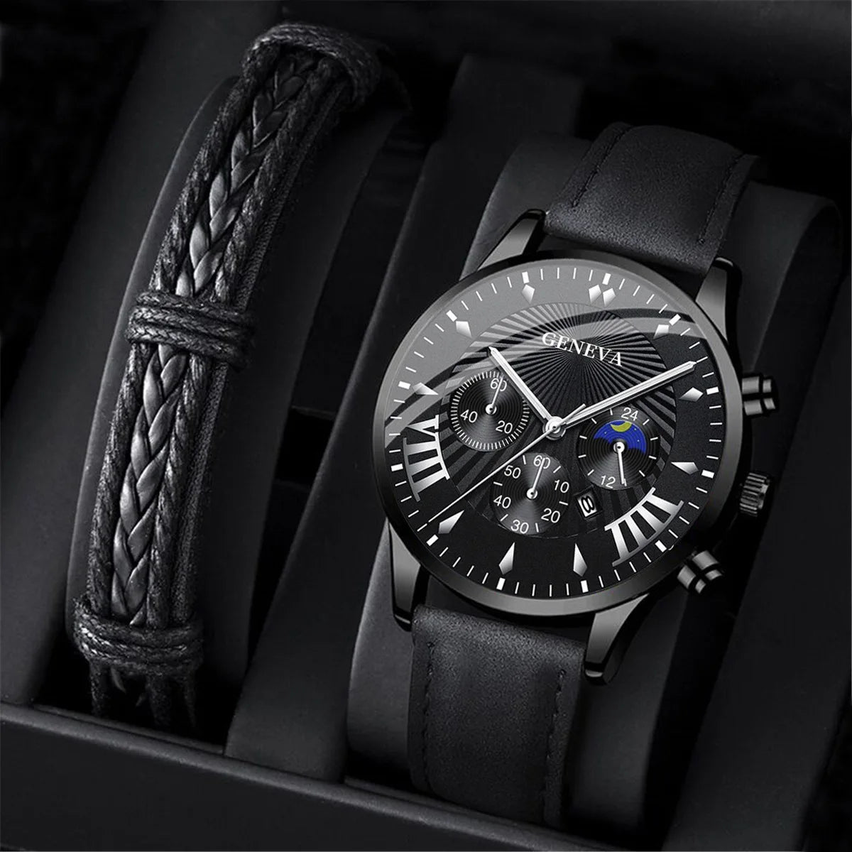 2PCS Set Fashion Mens Sports Watches Man Business Leather Bracelet Quartz Watch Luxury Men Casual Calendar Clock Reloj Hombre - NEXTRENDBAHRAIN