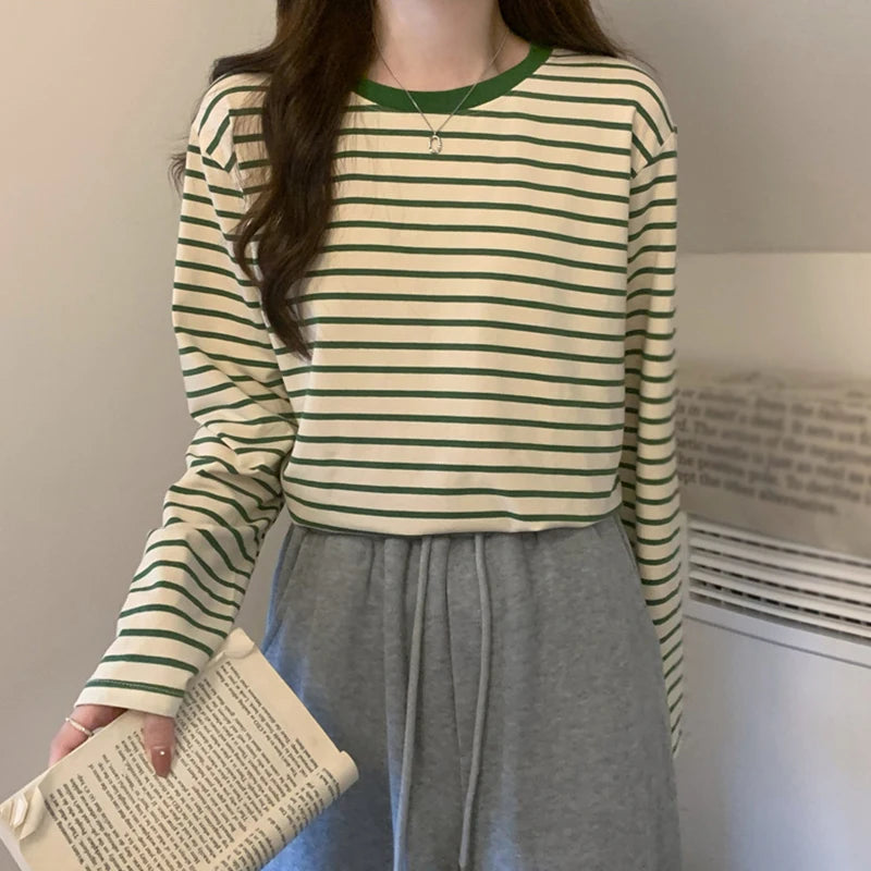 Womens Long Sleeve T Shirts Spring Autumn Casual Loose Crewneck Color Block Stripe Tee Tops - NEXTRENDBAHRAIN