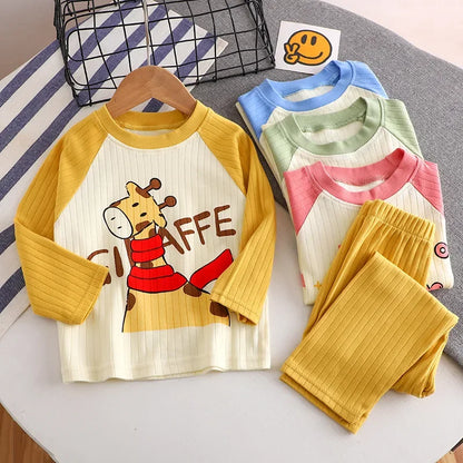 New Baby Boys Girls Warm Pajamas Kids Cute Cartoon Animal O-neck T-Shirt Tops + Pants Pyjamas Autumn Underwear Clothing Sets - NEXTRENDBAHRAIN