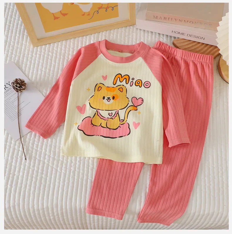 New Baby Boys Girls Warm Pajamas Kids Cute Cartoon Animal O-neck T-Shirt Tops + Pants Pyjamas Autumn Underwear Clothing Sets - NEXTRENDBAHRAIN