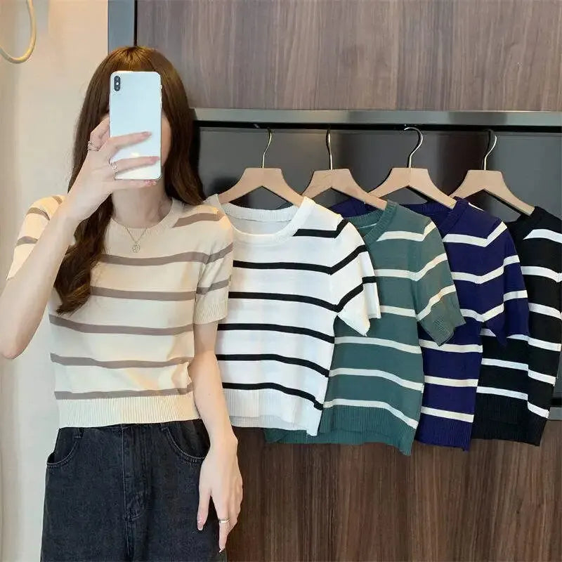 1pc Contrasting Striped Knitted Short-sleeved Women's Summer Sense Niche Round Neck Ice Silk Slim Top T-Shirt - NEXTRENDBAHRAIN