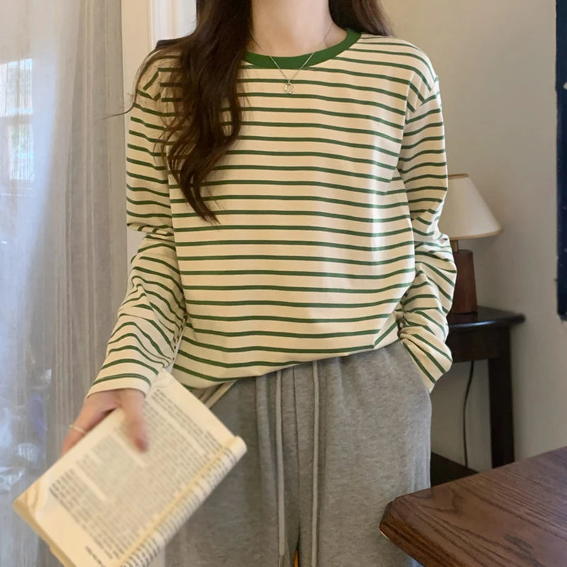 Womens Long Sleeve T Shirts Spring Autumn Casual Loose Crewneck Color Block Stripe Tee Tops - NEXTRENDBAHRAIN