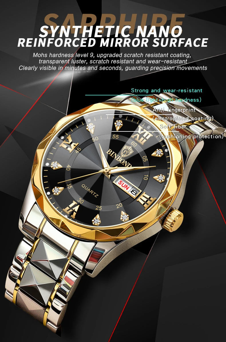 BINBOND Top Brand Luxury Fashion Quartz Watch Men Waterproof Week Date Clock Stainless Steel Sport Watch Men Quartz Wristwatch - NEXTRENDBAHRAIN