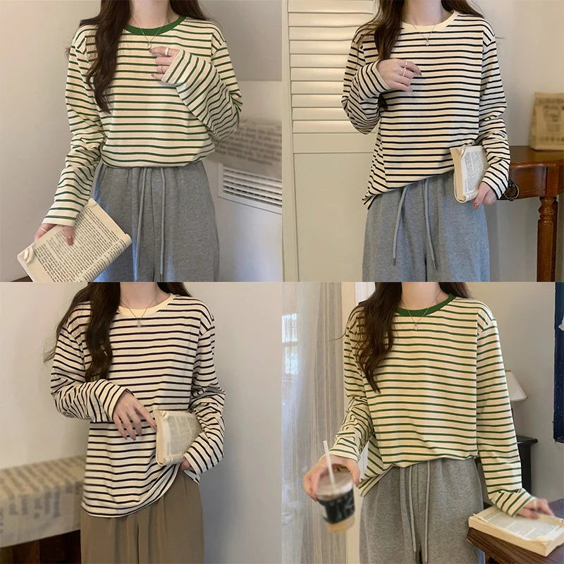 Womens Long Sleeve T Shirts Spring Autumn Casual Loose Crewneck Color Block Stripe Tee Tops - NEXTRENDBAHRAIN