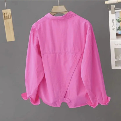 Back Slit Short Cotton Shirt Women's Autumn New Korean Version Loose Casual Single Pocket Long Sleeved Shirt Top - NEXTRENDBAHRAIN