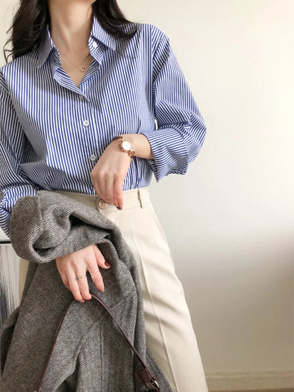 Women Spring Autumn Blouses Shirts Long Sleeve Stripes Blusas Tops Casual Ladies Clothes Korean Style Fashion Female Shirt Trend - NEXTRENDBAHRAIN