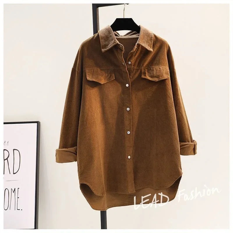 Women Shirt Blouse Avocado Green Corduroy Shirt Women's Autumn and Winter Double Pocket Shirt Coat Cardigan Blusas Mujer - NEXTRENDBAHRAIN