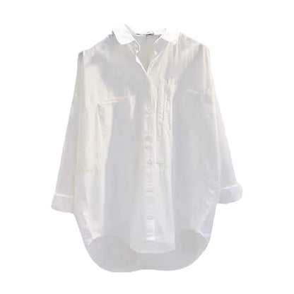 Casual Button Cotton White Women's Shirt Spring Long Sleeve Solid Loose Blouses Office Lady Elegant Tops - NEXTRENDBAHRAIN