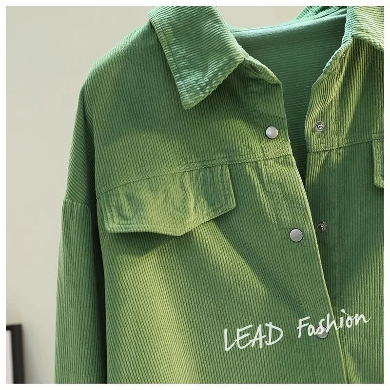 Women Shirt Blouse Avocado Green Corduroy Shirt Women's Autumn and Winter Double Pocket Shirt Coat Cardigan Blusas Mujer - NEXTRENDBAHRAIN