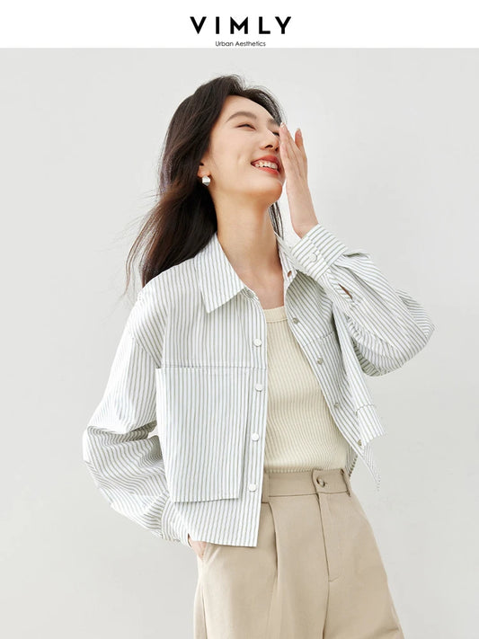 Vimly Cropped Casual Shirt Women 2024 Spring White Green Striped Cotton Blend Button Down Shirts & Blouses Womans Clothing M5076 - NEXTRENDBAHRAIN