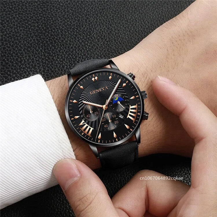 2PCS Set Fashion Mens Sports Watches Man Business Leather Bracelet Quartz Watch Luxury Men Casual Calendar Clock Reloj Hombre - NEXTRENDBAHRAIN