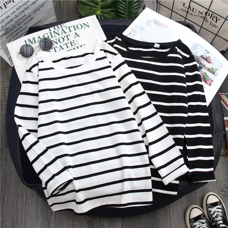 1PC Spring and Autumn Winter Black Striped Top with Foreign Style Ins Bottom Shirt Women Long Sleeve T-shirt - NEXTRENDBAHRAIN