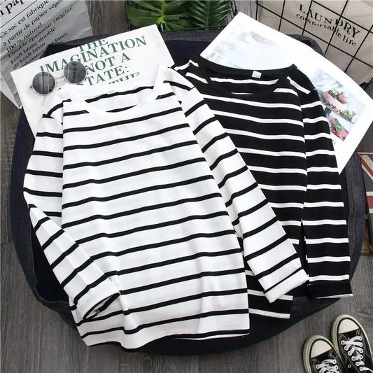 1PC Spring and Autumn Winter Black Striped Top with Foreign Style Ins Bottom Shirt Women Long Sleeve T-shirt - NEXTRENDBAHRAIN