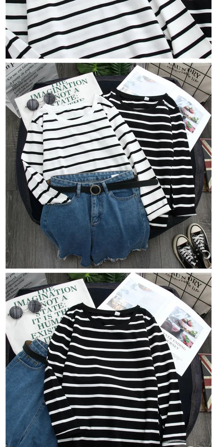 1PC Spring and Autumn Winter Black Striped Top with Foreign Style Ins Bottom Shirt Women Long Sleeve T-shirt - NEXTRENDBAHRAIN