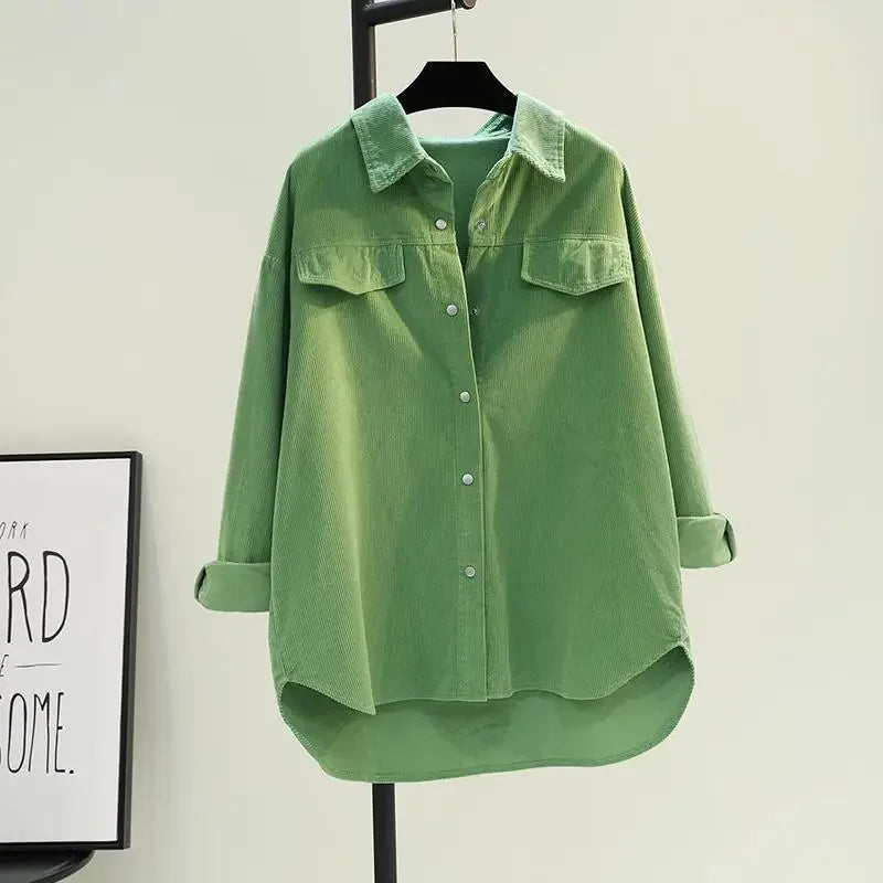 Women Shirt Blouse Avocado Green Corduroy Shirt Women's Autumn and Winter Double Pocket Shirt Coat Cardigan Blusas Mujer - NEXTRENDBAHRAIN