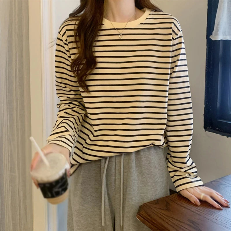 Womens Long Sleeve T Shirts Spring Autumn Casual Loose Crewneck Color Block Stripe Tee Tops - NEXTRENDBAHRAIN