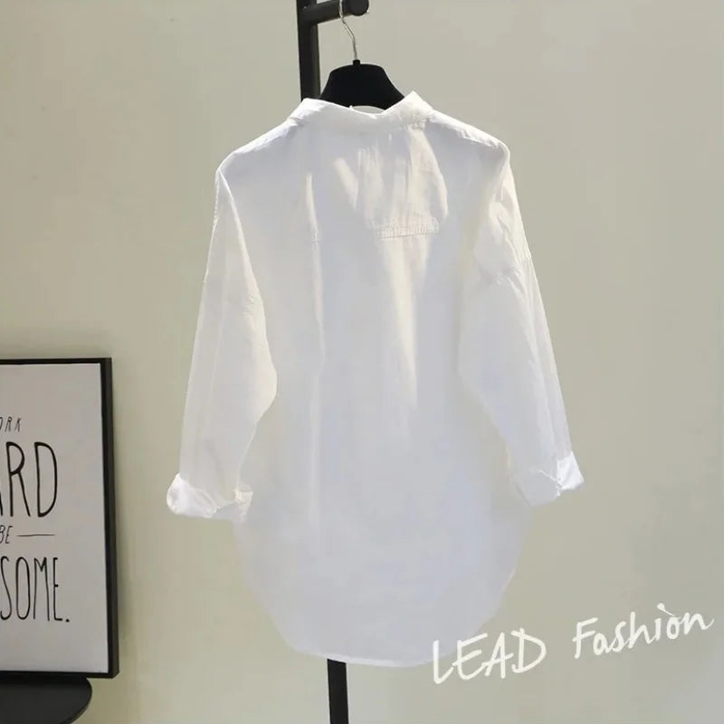 Casual Button Cotton White Women's Shirt Spring Long Sleeve Solid Loose Blouses Office Lady Elegant Tops - NEXTRENDBAHRAIN