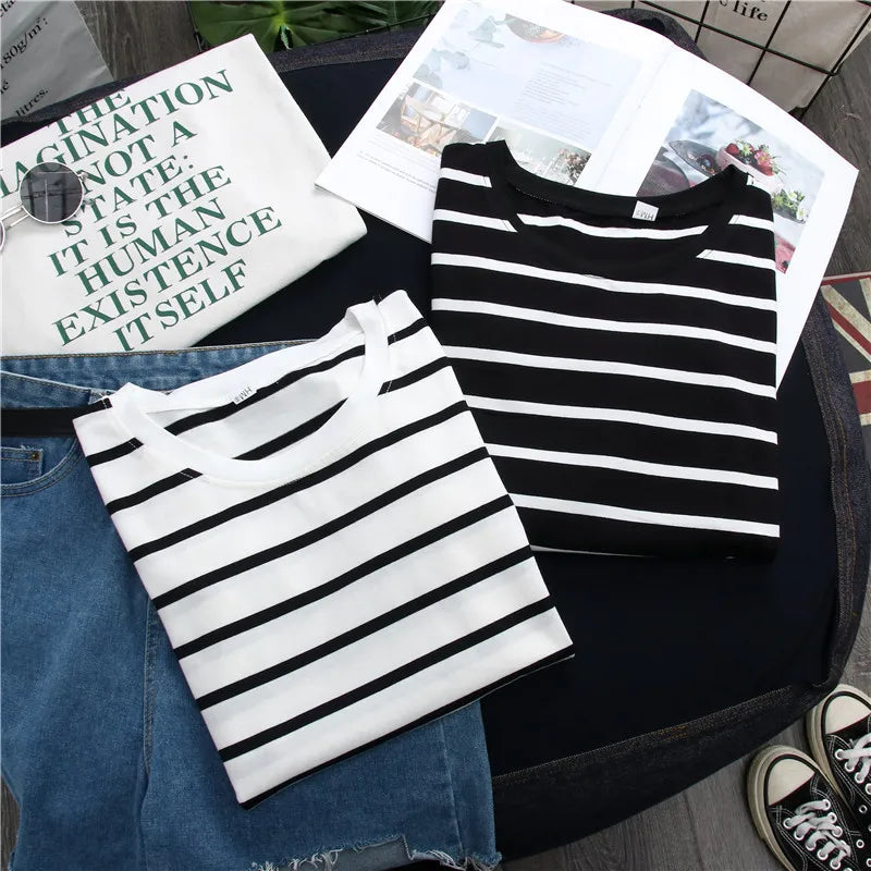 1PC Spring and Autumn Winter Black Striped Top with Foreign Style Ins Bottom Shirt Women Long Sleeve T-shirt - NEXTRENDBAHRAIN