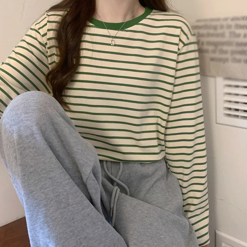 Womens Long Sleeve T Shirts Spring Autumn Casual Loose Crewneck Color Block Stripe Tee Tops - NEXTRENDBAHRAIN