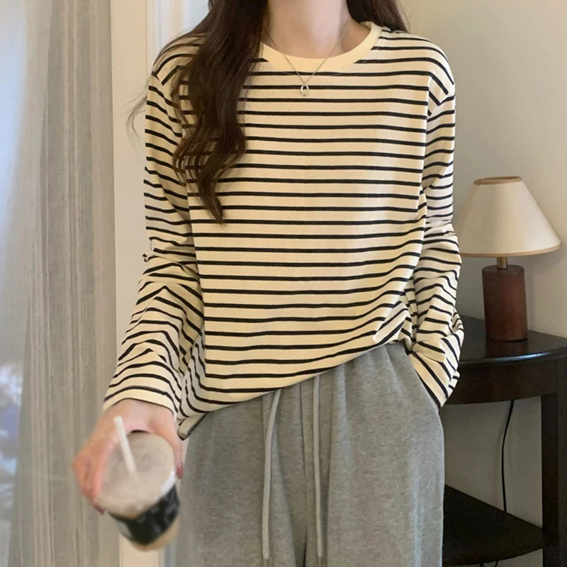 Womens Long Sleeve T Shirts Spring Autumn Casual Loose Crewneck Color Block Stripe Tee Tops - NEXTRENDBAHRAIN