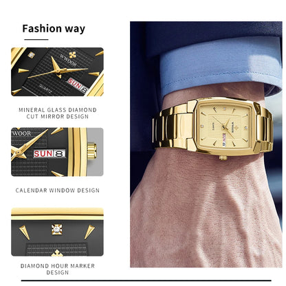 WWOOR 2024 New Square Watch Men with Automatic Week Date Luxury Stainless Steel Gold Mens Quartz Wrist Watches Relogio Masculino - NEXTRENDBAHRAIN