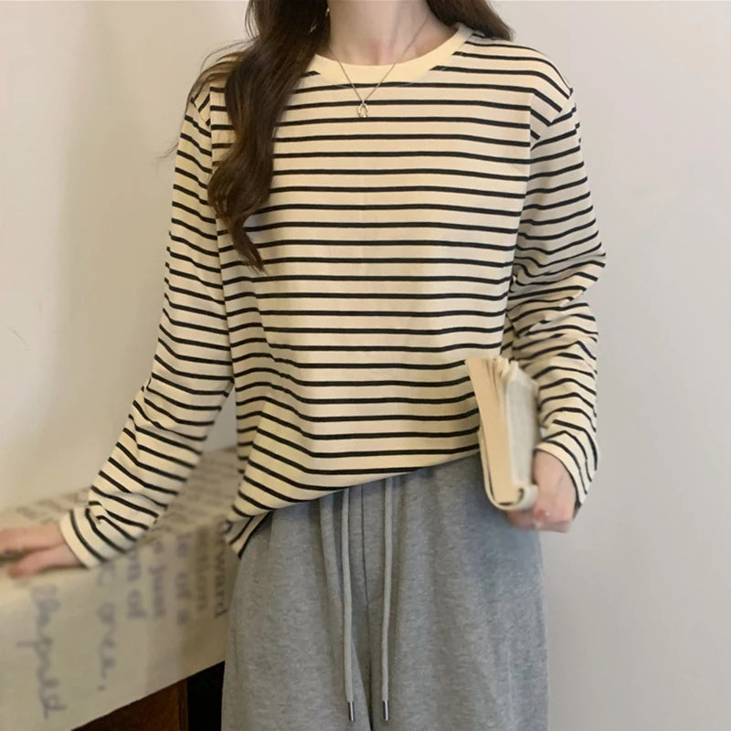 Womens Long Sleeve T Shirts Spring Autumn Casual Loose Crewneck Color Block Stripe Tee Tops - NEXTRENDBAHRAIN