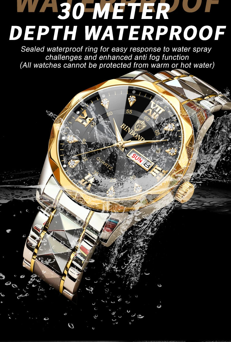 BINBOND Top Brand Luxury Fashion Quartz Watch Men Waterproof Week Date Clock Stainless Steel Sport Watch Men Quartz Wristwatch - NEXTRENDBAHRAIN