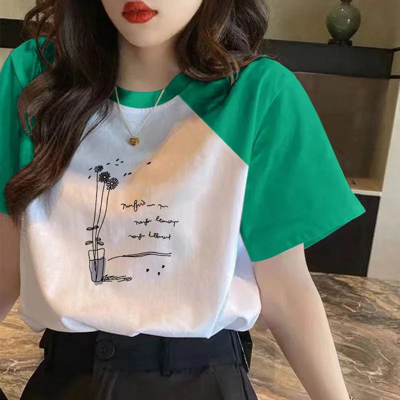 100% Cotton Color Block Short Sleeve T-shirt Women Spring/summer Loose Fit Versatile Top Trendy Women Clothing - NEXTRENDBAHRAIN