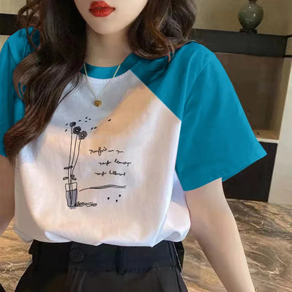 100% Cotton Color Block Short Sleeve T-shirt Women Spring/summer Loose Fit Versatile Top Trendy Women Clothing - NEXTRENDBAHRAIN