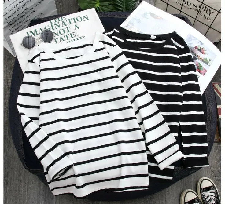 1PC Spring and Autumn Winter Black Striped Top with Foreign Style Ins Bottom Shirt Women Long Sleeve T-shirt - NEXTRENDBAHRAIN